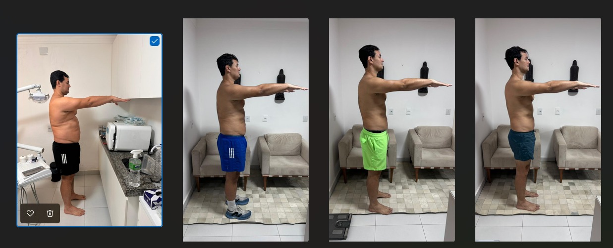 Sequência de registros mostrando a evolução corporal de aluno